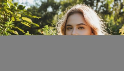 1girl,solo,long hair,looking at viewer,smile,blonde hair,shirt,jewelry,closed mouth,green eyes,white shirt,upper body,earrings,outdoors,day,collared shirt,blurry,lips,depth of field,blurry background,leaf,sunlight,plant,portrait,freckles,realistic,nose,brown hair,brown eyes,eyelashes,thick eyebrows,nature,stud earrings