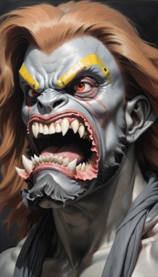 solo,long hair,open mouth,brown hair,red eyes,1boy,collarbone,male focus,teeth,tongue,orange hair,colored skin,facial hair,fangs,sharp teeth,portrait,beard,facepaint,grey skin,horror (theme),orange eyes,muscular,scar,angry,veins,realistic