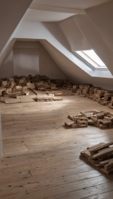 day,indoors,no humans,window,sunlight,box,scenery,wooden floor,brown theme,shadow,light,wall,ruins,floor,still life,dust