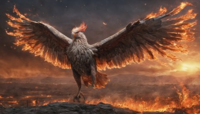 solo,standing,full body,outdoors,wings,sky,cloud,orange eyes,pokemon (creature),no humans,glowing,bird,fire,feathers,scenery,feathered wings,flying,mountain,sun,animal focus,talons,embers,beak,spread wings,burning,molten rock