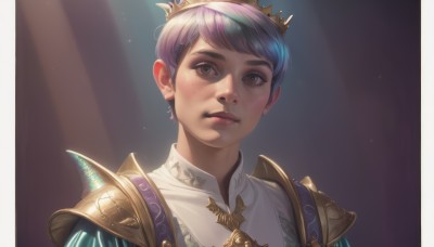 1girl,solo,looking at viewer,short hair,bangs,brown eyes,jewelry,closed mouth,blue hair,upper body,purple hair,multicolored hair,earrings,armor,lips,crown,shoulder armor,portrait,freckles,pauldrons,simple background,1boy,male focus,shiny,shiny hair,gradient,gradient background,sunlight,light particles,light rays,realistic,nose,shoulder pads