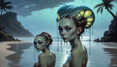 breasts,looking at viewer,short hair,blue eyes,multiple girls,brown hair,2girls,jewelry,medium breasts,closed mouth,upper body,nude,earrings,outdoors,pointy ears,looking back,signature,water,hair bun,tree,lips,wet,colored skin,monster girl,dual persona,partially submerged,rain,rock,nose,palm tree,wet hair,long hair,hair ornament,dark-skinned female,ocean,beach,covering breasts,alien