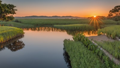 outdoors,sky,cloud,water,tree,no humans,sunlight,grass,plant,nature,scenery,forest,reflection,sunset,mountain,sun,road,river,landscape,lake,orange sky,evening,path,reflective water