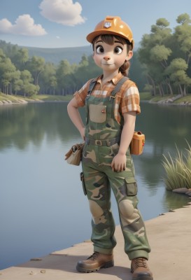 1girl,solo,looking at viewer,smile,short hair,brown hair,shirt,hat,brown eyes,closed mouth,standing,full body,ponytail,short sleeves,boots,outdoors,sky,day,collared shirt,belt,pants,cloud,water,uniform,tree,blue sky,hand on hip,plaid,military,military uniform,brown footwear,helmet,grass,child,nature,furry,reflection,pouch,furry female,female child,overalls,camouflage,plaid shirt,river,lake,binoculars,soldier,pond