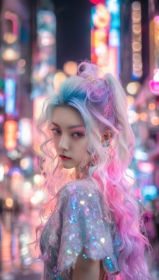 1girl,solo,long hair,breasts,looking at viewer,blue eyes,hair ornament,dress,jewelry,closed mouth,blue hair,upper body,ponytail,pink hair,white hair,short sleeves,multicolored hair,earrings,outdoors,necklace,blurry,from side,two-tone hair,lips,see-through,looking to the side,gradient hair,makeup,depth of field,blurry background,wavy hair,lipstick,gem,eyeshadow,red lips,bokeh,parted lips,choker,pointy ears,artist name,eyelashes,night,tiara,high ponytail,forehead,realistic,nose