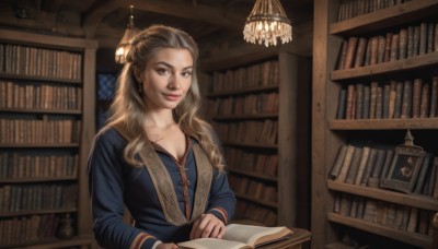 1girl,solo,long hair,breasts,looking at viewer,smile,blonde hair,brown hair,shirt,long sleeves,cleavage,brown eyes,jewelry,medium breasts,sitting,closed mouth,collarbone,upper body,earrings,indoors,lips,book,open book,realistic,nose,bookshelf,lamp,library,dress,artist name,signature