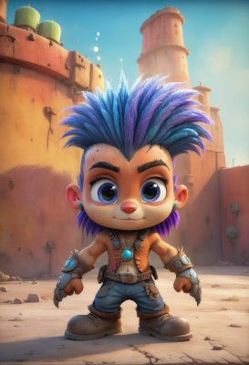 solo,looking at viewer,smile,blue eyes,gloves,1boy,jewelry,closed mouth,blue hair,standing,full body,purple hair,male focus,multicolored hair,earrings,boots,outdoors,sky,shoes,day,belt,pants,artist name,signature,necklace,chibi,blue sky,brown footwear,piercing,thick eyebrows,feathers,denim,spiked hair,gem,ear piercing,child,claws,furry,buckle,freckles,topless male,blue pants,stud earrings,male child,1girl,short hair,navel,two-tone hair,gauntlets,building,mohawk