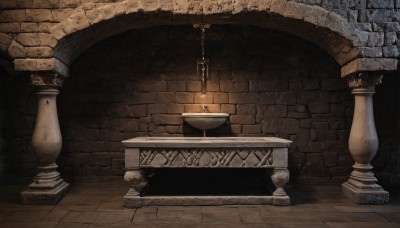 indoors,no humans,scenery,stairs,candle,wall,brick wall,pillar,candlestand,stone floor,chain,still life,arch,chandelier,column,stone wall,brick floor