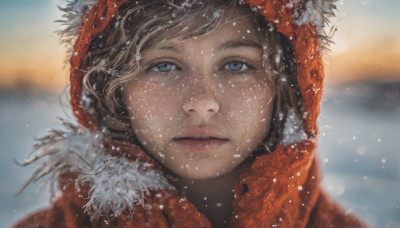 1girl, solo, looking at viewer, short hair, blue eyes, brown hair, closed mouth, blurry, lips, fur trim, blurry background, expressionless, portrait, snow, snowing, realistic, nose, winter