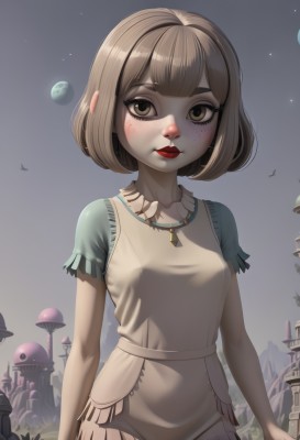 1girl,solo,breasts,looking at viewer,blush,short hair,bangs,brown hair,shirt,dress,brown eyes,jewelry,closed mouth,standing,collarbone,short sleeves,small breasts,outdoors,sky,artist name,blunt bangs,necklace,white dress,lips,makeup,night,bird,moon,bob cut,thick eyebrows,lipstick,building,star (sky),night sky,eyeshadow,starry sky,freckles,arms at sides,red lips,upper body,planet