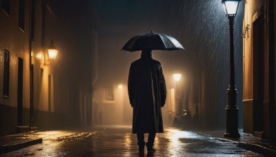 solo,long sleeves,1boy,holding,standing,male focus,outdoors,from behind,blurry,coat,night,umbrella,building,scenery,1other,walking,rain,holding umbrella,city,light,road,dark,lamppost,street,black umbrella,1girl,boots,black footwear,silhouette,wide shot,ambiguous gender