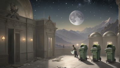 brown hair,1boy,male focus,outdoors,multiple boys,sky,2boys,from behind,cape,night,moon,building,star (sky),night sky,scenery,full moon,starry sky,mountain,pillar,statue,desert,1girl,standing,bag,backpack,arch