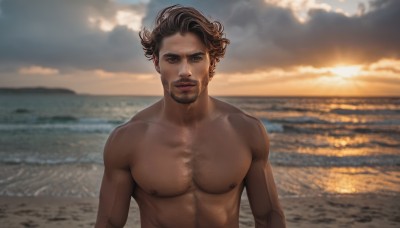 solo,looking at viewer,smile,brown hair,black hair,1boy,brown eyes,closed mouth,nipples,upper body,male focus,outdoors,sky,cloud,dark skin,water,blurry,lips,muscular,blurry background,facial hair,ocean,beach,dark-skinned male,cloudy sky,pectorals,beard,curly hair,topless male,sunset,realistic,sand,chest hair,short hair,nude,day,abs,muscular male,bara,large pectorals,mature male