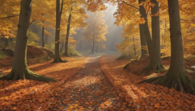 outdoors,day,tree,no humans,leaf,sunlight,grass,nature,scenery,forest,light rays,road,autumn leaves,maple leaf,sunbeam,dappled sunlight,autumn,path,landscape,orange theme