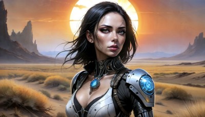 HQ,1girl,solo,breasts,looking at viewer,short hair,black hair,cleavage,brown eyes,jewelry,medium breasts,yellow eyes,upper body,earrings,outdoors,parted lips,sky,medium hair,necklace,armor,lips,makeup,grass,lipstick,shoulder armor,gem,freckles,science fiction,sunset,mountain,realistic,nose,sun,field,artist name,cloud,sunlight,forehead,cyborg,dirty,dirty face