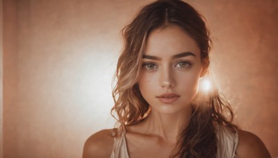 1girl,solo,long hair,looking at viewer,brown hair,bare shoulders,brown eyes,jewelry,green eyes,collarbone,upper body,multicolored hair,earrings,parted lips,lips,eyelashes,wavy hair,portrait,freckles,brown background,realistic,nose,light,teeth,thick eyebrows,messy hair,forehead,backlighting