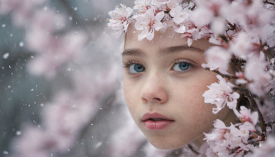 1girl, solo, blue eyes, brown hair, flower, parted lips, artist name, blurry, lips, eyelashes, depth of field, blurry background, cherry blossoms, realistic, nose, branch