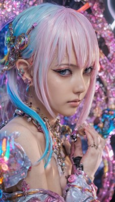 1girl,solo,long hair,breasts,looking at viewer,bangs,blue eyes,hair ornament,bare shoulders,jewelry,blue hair,upper body,pink hair,multicolored hair,earrings,necklace,nail polish,blurry,from side,two-tone hair,lips,fingernails,eyelashes,makeup,depth of field,blurry background,piercing,ring,gem,ear piercing,freckles,realistic,nose,mascara,cleavage,closed mouth,grey eyes