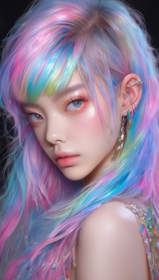 1girl,solo,long hair,looking at viewer,bangs,blue eyes,simple background,bare shoulders,jewelry,closed mouth,blue hair,upper body,pink hair,multicolored hair,earrings,shiny,necklace,from side,two-tone hair,lips,looking to the side,eyelashes,aqua hair,gradient hair,makeup,piercing,lipstick,black background,gem,ear piercing,portrait,close-up,eyeshadow,pink lips,realistic,nose,eyeliner,mascara,rainbow hair,artist name,watermark