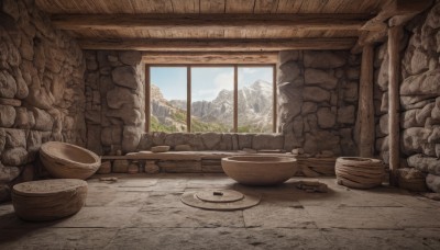 outdoors,sky,day,cloud,indoors,tree,blue sky,no humans,window,scenery,plate,bowl,wooden floor,rock,mountain,wall,wood,table,brick wall,still life,stone,wooden table,stone wall