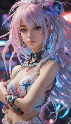 1girl,solo,long hair,breasts,looking at viewer,bangs,blue eyes,hair ornament,navel,cleavage,bare shoulders,jewelry,medium breasts,closed mouth,upper body,pink hair,multicolored hair,earrings,small breasts,midriff,necklace,blurry,bracelet,lips,eyelashes,tattoo,makeup,blurry background,crossed arms,gem,nose,swimsuit,ponytail,sidelocks,bikini,belt,artist name,nail polish,collar,crop top,fingernails,depth of field,chain,facial mark,ring,bikini top only,realistic