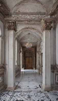 indoors,no humans,window,scenery,stairs,door,tiles,candle,architecture,tile floor,pillar,statue,floor,ceiling,hallway,church,arch,chandelier,column,stone floor,vanishing point,wall,candlestand