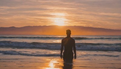 solo,1boy,standing,male focus,outdoors,sky,cloud,water,from behind,ocean,beach,sunlight,scenery,wading,sunset,mountain,sand,sun,horizon,silhouette,shore,short hair,cloudy sky,reflection,facing away,waves,orange sky