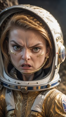 1girl,solo,looking at viewer,short hair,open mouth,blonde hair,brown hair,brown eyes,upper body,parted lips,teeth,signature,blurry,lips,eyelashes,blurry background,helmet,portrait,angry,freckles,reflection,realistic,nose,spacesuit,space helmet,astronaut,jewelry,earrings,v-shaped eyebrows,forehead,science fiction,serious,space,dirty,scowl