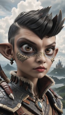 1girl,solo,looking at viewer,short hair,black hair,1boy,brown eyes,jewelry,closed mouth,male focus,earrings,outdoors,sky,day,pointy ears,cloud,necklace,armor,lips,scar,cloudy sky,spiked hair,shoulder armor,portrait,scar on face,close-up,fantasy,upper body,tree,fur trim,makeup,mask,scenery,high collar,mountain,facepaint