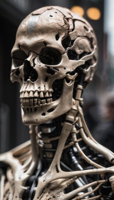 solo,1boy,upper body,male focus,teeth,blurry,no humans,depth of field,blurry background,1other,science fiction,skull,realistic,skeleton,bone,helmet,robot,mecha,cable,ribs,damaged,alien