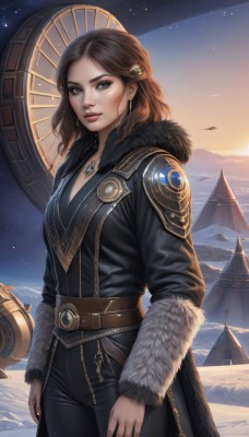 1girl,solo,long hair,breasts,looking at viewer,brown hair,hair ornament,long sleeves,cleavage,brown eyes,jewelry,standing,cowboy shot,earrings,outdoors,sky,belt,pants,medium hair,necklace,lips,coat,fur trim,night,black pants,star (sky),night sky,snow,pendant,starry sky,black coat,mountain,nose,arms at sides,clock,brown belt,leather,ship,tower,medium breasts,ring,realistic