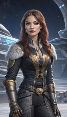 1girl,solo,long hair,breasts,looking at viewer,brown hair,gloves,cleavage,brown eyes,jewelry,medium breasts,standing,jacket,cowboy shot,earrings,sky,black gloves,belt,pants,fingerless gloves,necklace,armor,lips,fur trim,bodysuit,makeup,night,black pants,lipstick,gauntlets,star (sky),eyeshadow,starry sky,realistic,nose,red lips,space,science fiction,planet,spacecraft