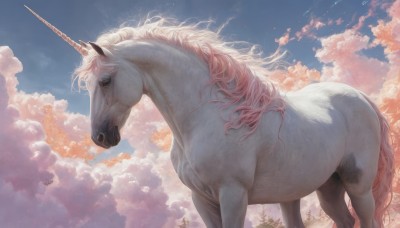 solo,long hair,closed eyes,outdoors,horns,sky,day,cloud,from side,tree,blue sky,no humans,animal,cloudy sky,single horn,realistic,animal focus,horse,unicorn,signature,from below