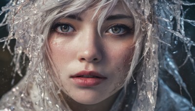 1girl,solo,looking at viewer,short hair,bangs,brown eyes,white hair,parted lips,teeth,water,blurry,lips,eyelashes,depth of field,portrait,close-up,realistic,nose,red lips,hair between eyes,artist name,grey eyes,watermark,scar,freckles,water drop,straight-on