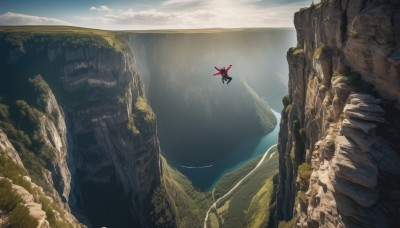 1girl,1boy,outdoors,sky,day,cloud,water,ocean,sunlight,cloudy sky,scenery,flying,rock,mountain,horizon,landscape,cliff,solo,pokemon (creature),no humans,nature,aircraft