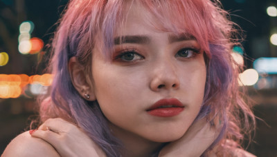 1girl, solo, looking at viewer, jewelry, pink hair, multicolored hair, earrings, parted lips, nail polish, blurry, lips, blurry background, thick eyebrows, portrait, realistic, nose, stud earrings, bokeh