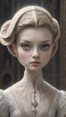 1girl,solo,looking at viewer,short hair,blue eyes,blonde hair,dress,jewelry,closed mouth,upper body,hairband,earrings,artist name,hair bun,white dress,blurry,lips,grey eyes,eyelashes,double bun,makeup,blurry background,tiara,gem,portrait,realistic,nose,red lips,straight-on,blush,parted lips,horns,expressionless,forehead,blue gemstone