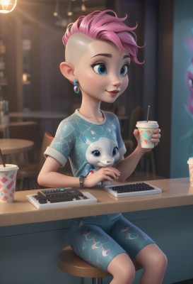 1girl,solo,smile,short hair,blue eyes,shirt,holding,jewelry,sitting,pink hair,short sleeves,multicolored hair,earrings,shorts,pointy ears,artist name,indoors,blurry,bracelet,two-tone hair,cup,lips,makeup,blurry background,chair,blue shirt,lipstick,t-shirt,holding cup,blue shorts,watch,drinking straw,nose,drink,wristwatch,disposable cup,undercut,print shirt,mohawk,closed mouth,watermark,aged down,denim,casual,child,web address,asymmetrical hair,dog,very short hair,bubble tea