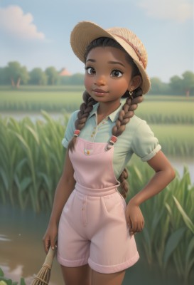 1girl,solo,long hair,breasts,looking at viewer,smile,brown hair,shirt,hat,holding,twintails,brown eyes,jewelry,closed mouth,standing,braid,short sleeves,cowboy shot,earrings,small breasts,outdoors,sky,shorts,day,collared shirt,artist name,cloud,dark skin,water,blurry,twin braids,dark-skinned female,blue sky,puffy short sleeves,lips,hand on hip,buttons,blurry background,thick eyebrows,grass,blue shirt,hair over shoulder,freckles,pocket,sun hat,realistic,straw hat,overalls,field,overall shorts,very long hair,pink shirt,nose,very dark skin,thick lips