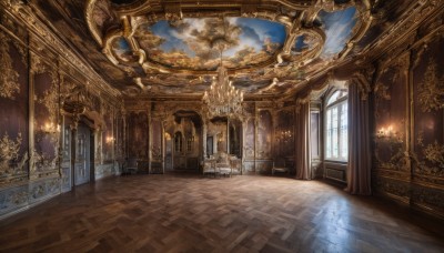 sky,day,cloud,indoors,no humans,window,sunlight,scenery,smoke,reflection,wooden floor,stairs,door,candle,architecture,pillar,painting (object),carpet,arch,candlestand,chandelier,column,tree,blue sky,chair,cloudy sky,fire,plant,fantasy,tile floor,throne