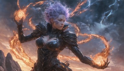 1girl,solo,breasts,short hair,large breasts,cleavage,medium breasts,closed eyes,upper body,purple hair,outdoors,sky,cloud,armor,lips,clothing cutout,floating hair,glowing,facial mark,cleavage cutout,cloudy sky,fire,shoulder armor,pauldrons,realistic,nose,fantasy,electricity,magic,lightning,gauntlets,breastplate,mountain