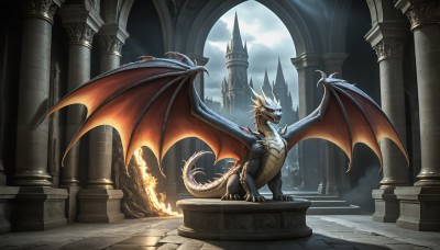 HQ,solo,open mouth,red eyes,standing,tail,outdoors,wings,horns,sky,teeth,cloud,no humans,fangs,cloudy sky,fire,sharp teeth,scenery,claws,dragon horns,fantasy,dragon,dragon tail,scales,ruins,pillar,castle,flame,statue,dragon wings,arch,column,breathing fire,day,glowing,architecture