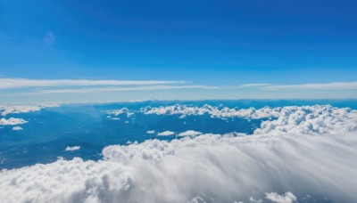 monochrome,outdoors,sky,day,cloud,blue sky,no humans,ocean,moon,scenery,blue theme,city,horizon,cityscape,landscape,above clouds,signature,water,waves