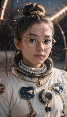 1girl,solo,looking at viewer,brown hair,black hair,jewelry,upper body,earrings,parted lips,glasses,hair bun,blurry,black eyes,lips,blurry background,single hair bun,freckles,realistic,round eyewear,space,hair pulled back,spacesuit,yellow-framed eyewear,astronaut,artist name,star (sky),forehead,backlighting,nose