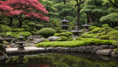 outdoors,day,water,tree,no humans,grass,cherry blossoms,building,nature,scenery,forest,rock,architecture,bridge,east asian architecture,river,landscape,path,moss,pond,stone lantern,reflection,statue,stone