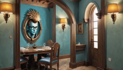 solo,smile,blonde hair,1boy,male focus,glasses,indoors,cup,no humans,window,colored skin,chair,table,scenery,reflection,black-framed eyewear,mirror,realistic,blue skin,door,light,lamp,painting (object),blue eyes,sitting,book,spiked hair