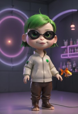 1girl,solo,smile,short hair,green eyes,standing,jacket,full body,green hair,pants,indoors,sandals,sunglasses,child,fish,realistic,looking at viewer,chibi,lips,zipper