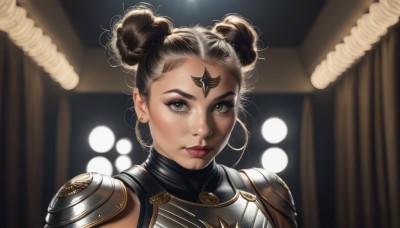 1girl,solo,looking at viewer,short hair,brown hair,brown eyes,jewelry,closed mouth,multicolored hair,earrings,hair bun,armor,blurry,dark-skinned female,lips,grey eyes,double bun,makeup,blurry background,facial mark,shoulder armor,portrait,pauldrons,breastplate,forehead mark,animification,black hair,indoors,freckles,realistic,nose,hair behind ear