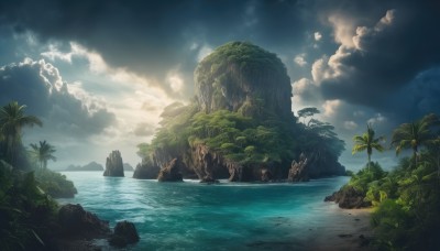 outdoors,sky,day,cloud,water,tree,blue sky,no humans,ocean,beach,cloudy sky,plant,nature,scenery,rock,sand,palm tree,horizon,waves,shore,cliff,island,forest,fantasy,landscape