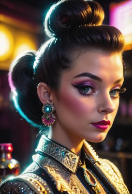 1girl,solo,looking at viewer,short hair,black hair,jewelry,upper body,earrings,artist name,necklace,hair bun,blurry,black eyes,lips,eyelashes,makeup,depth of field,blurry background,single hair bun,lipstick,brooch,gem,portrait,eyeshadow,realistic,nose,red lips,eyeliner,purple lips,mascara,blue eyes,brown hair,dress,parted lips,from side,night,watermark,web address,backlighting,bokeh,updo